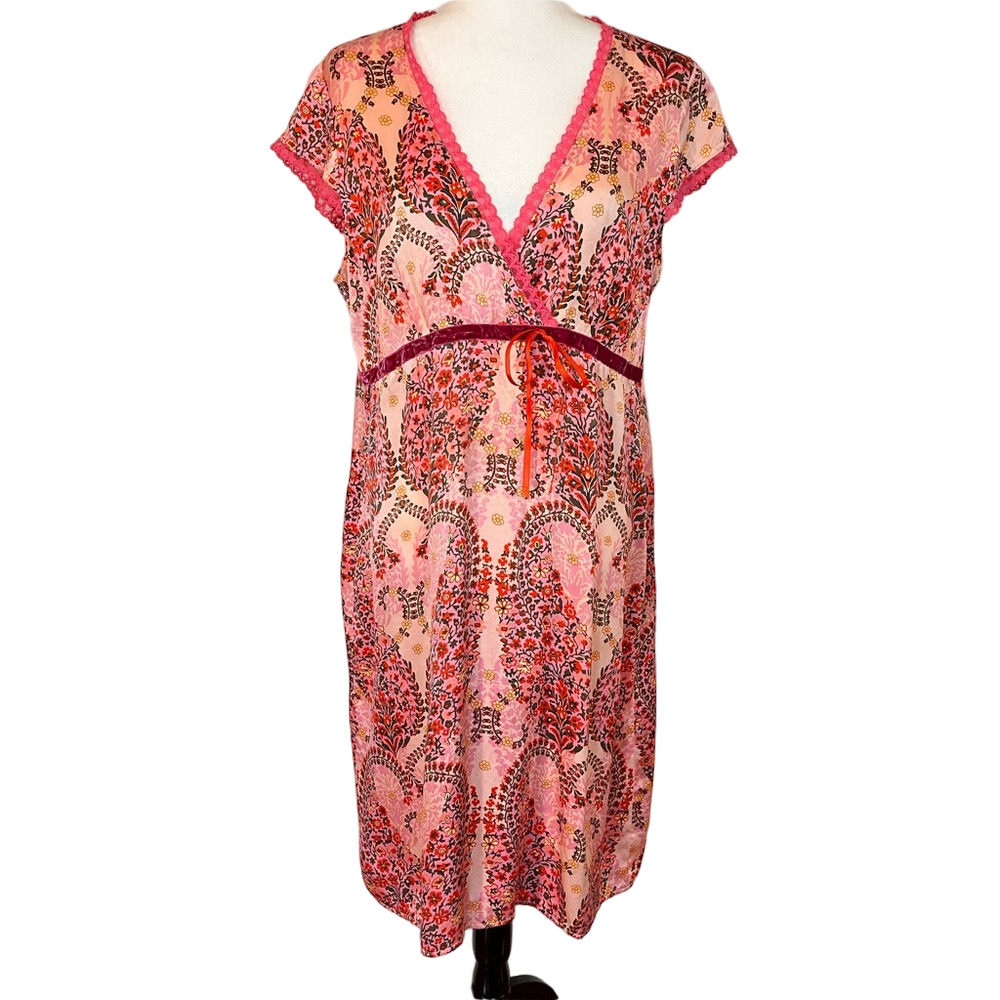 Avoca Anthology Ireland 100% Silk Floral Midi Dress 4 Large Pink Surplice Boho
